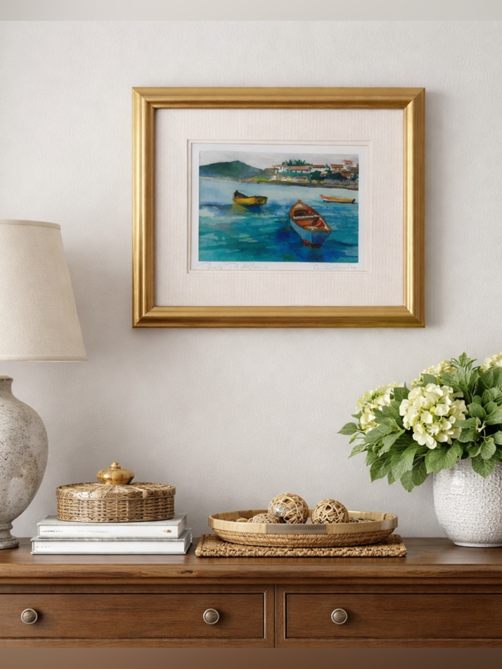 Signed Original Watercolour Coastal Boats Painting‎ Gold Frame Wall Art